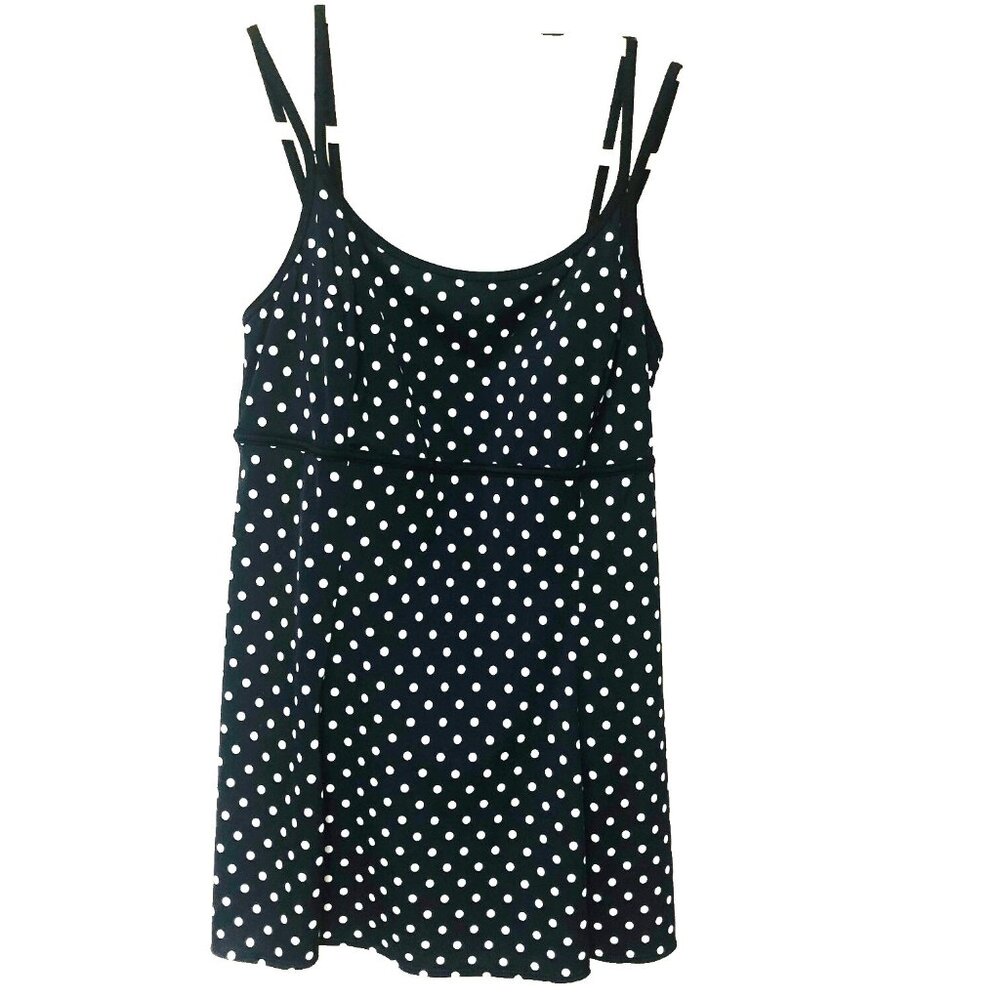Longitude Swimdress Women 14 L XL Polka Dot Babydoll‎ Black White Feminine